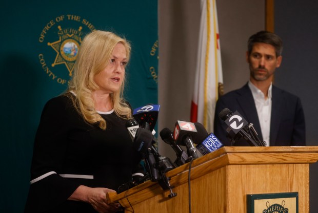 Santa Clara County Supervisor Cindy Chavez speaks next to San Jose Mayor Matt Mahan during a press conference at the Santa Clara County Sheriff's Office about the Valley Transportation Authority (VTA) shooting in San Jose, Calif., on Monday, Sept. 23, 2024. VTA employee Duc Minh Bui was arrested in the shooting death of a fellow employee Regulus Teotico. (Nhat V. Meyer/Bay Area News Group)