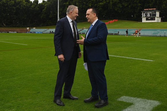 Anthony Albanese with Peter V’landys at Leichhardt Oval in June.