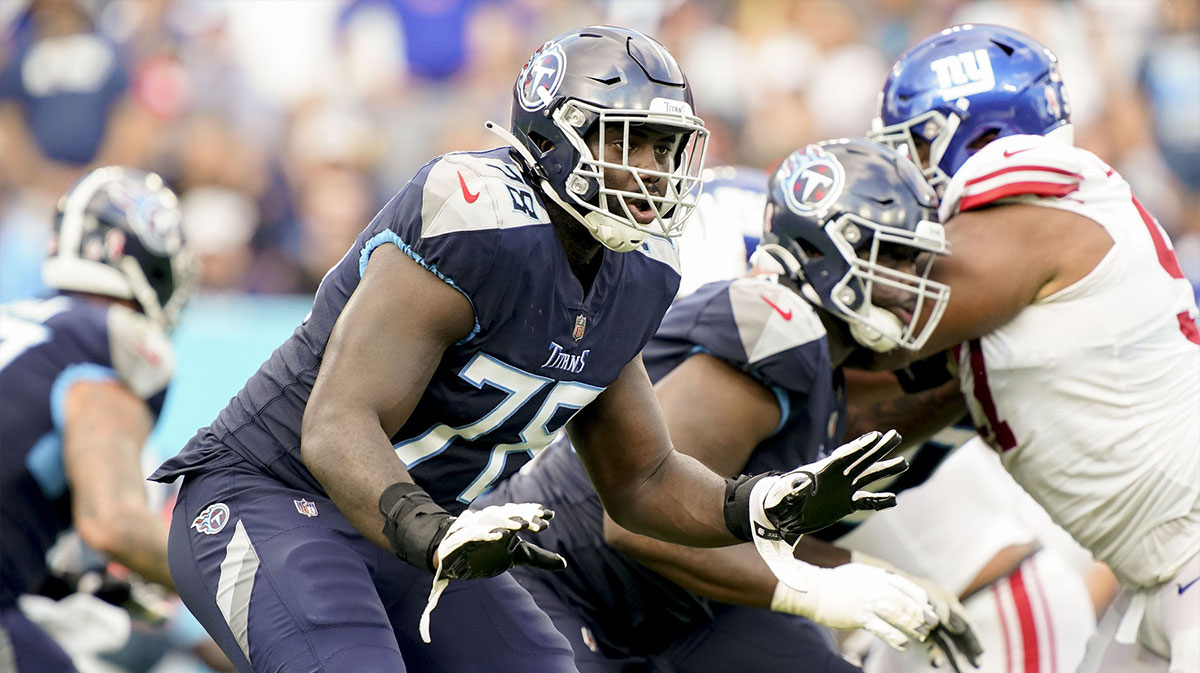 Sep 11, 2022; Nashville, Tennessee, USA; Tennessee Titans offensive tackle Nicholas Petit-Frere (78) provides pass protection during the third quarter at Nissan Stadium. 