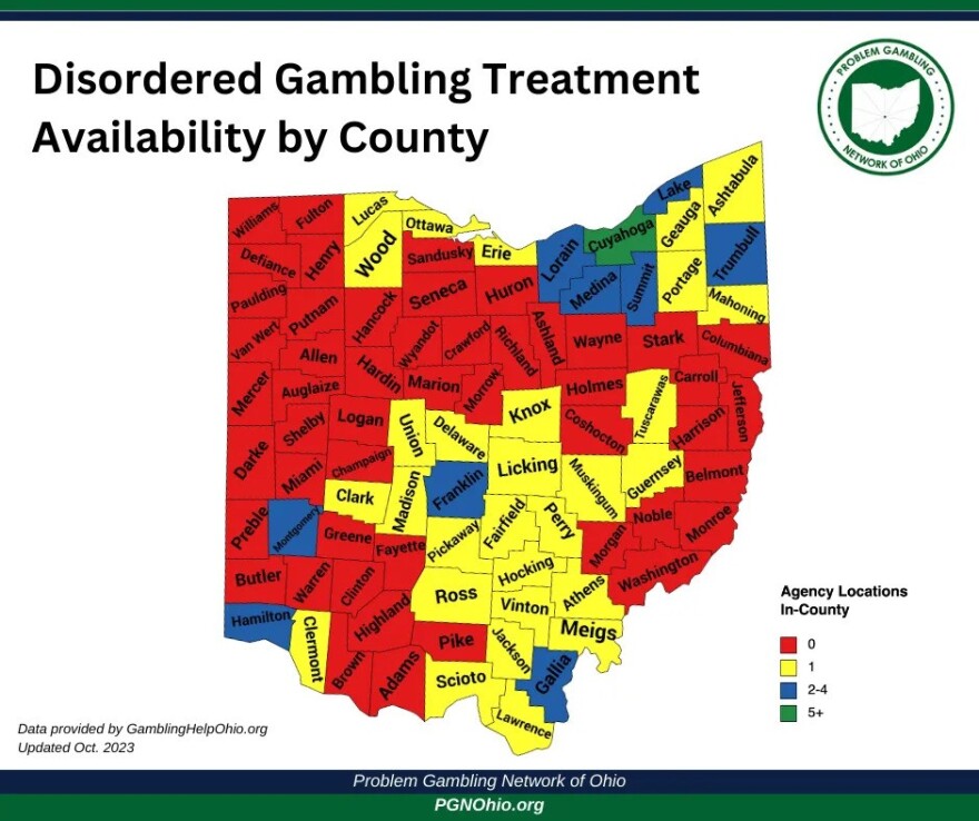 A map of Ohio shows disordered gambling treatment by county. Only Cuyahoga county has five or more providers, while much of Ohio has none.