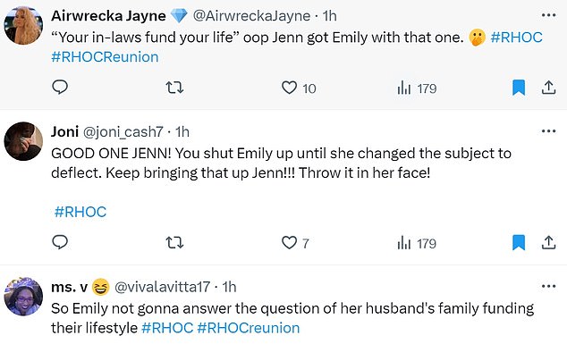 @joni_cash7 added, 'GOOD ONE JENN! You shut Emily up until she changed the subject to deflect. Keep bringing that up Jenn!!! Throw it in her face!'