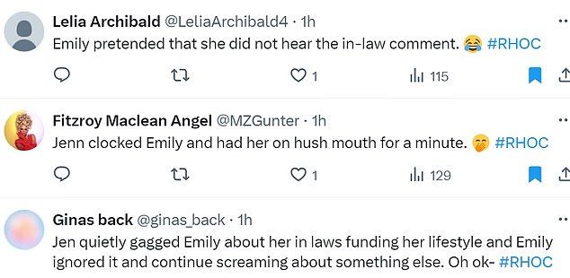 @LeliaArchibald4 said, 'Emily pretended that she did not hear the in-law comment,' while @MZGunter added, 'Jenn clocked Emily and had her on hush mouth for a minute'