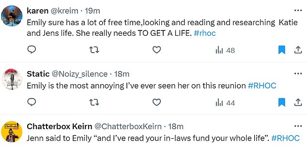 @Noizy_silence said, 'Emily is the most annoying I¿ve ever seen her on this reunion' while @ChatterboxKeirn said, 'Jenn said to Emily ¿and I¿ve read your in-laws fund your whole life."'