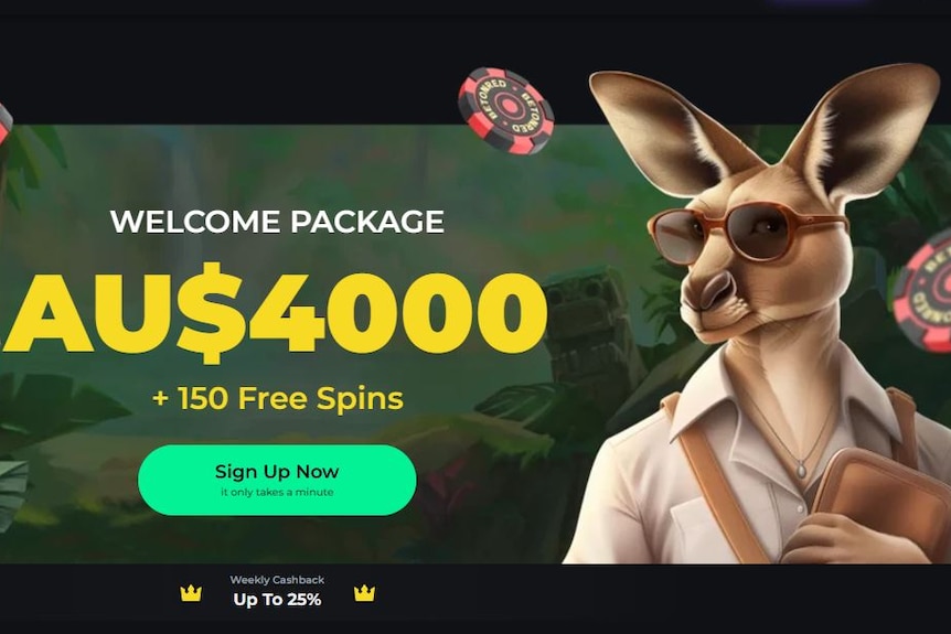 A website screenshot says "Welcome package AU$4000 + 150 Free Spins".