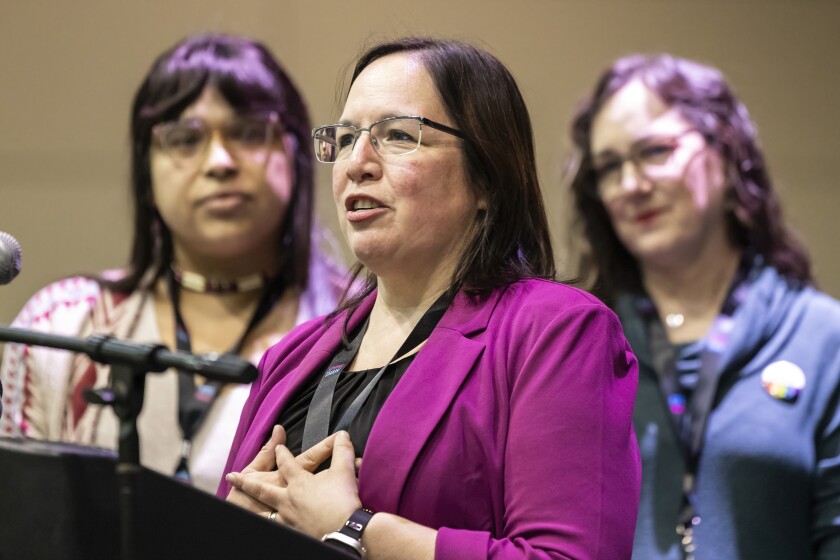 State Sen. Cristina Castro, D-Elgin, pictured at a Chicago news conference in March.  