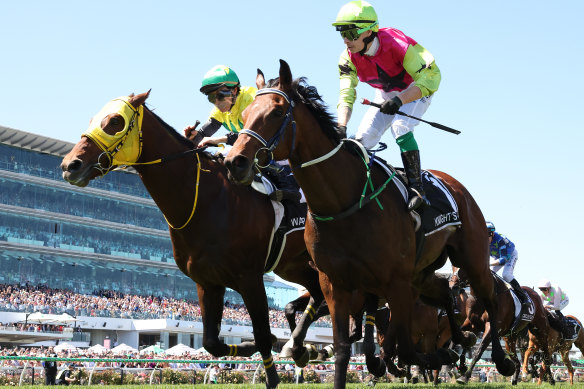 Robbie Dolan rides Knight’s Choice to victory in this year’s Melbourne Cup.