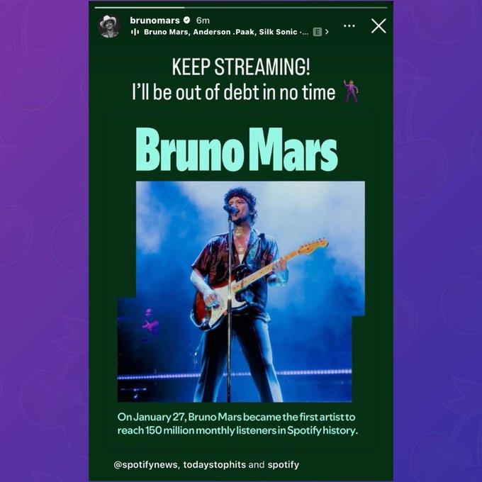 brunomars ⚫ 6m | Bruno Mars, Anderson .Paak, Silk Sonic .... KEEP STREAMING! I'll be out of debt in no time Bruno Mars On January 27, Bruno Mars became the first artist to reach 150 million monthly listeners in Spotify history. @spotifynews, todaystophits and spotify