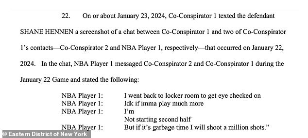 In a purported exchange from January 22, 2024, Porter tells his alleged co-conspirators: 'I went back to the locker room to get eye checked on'