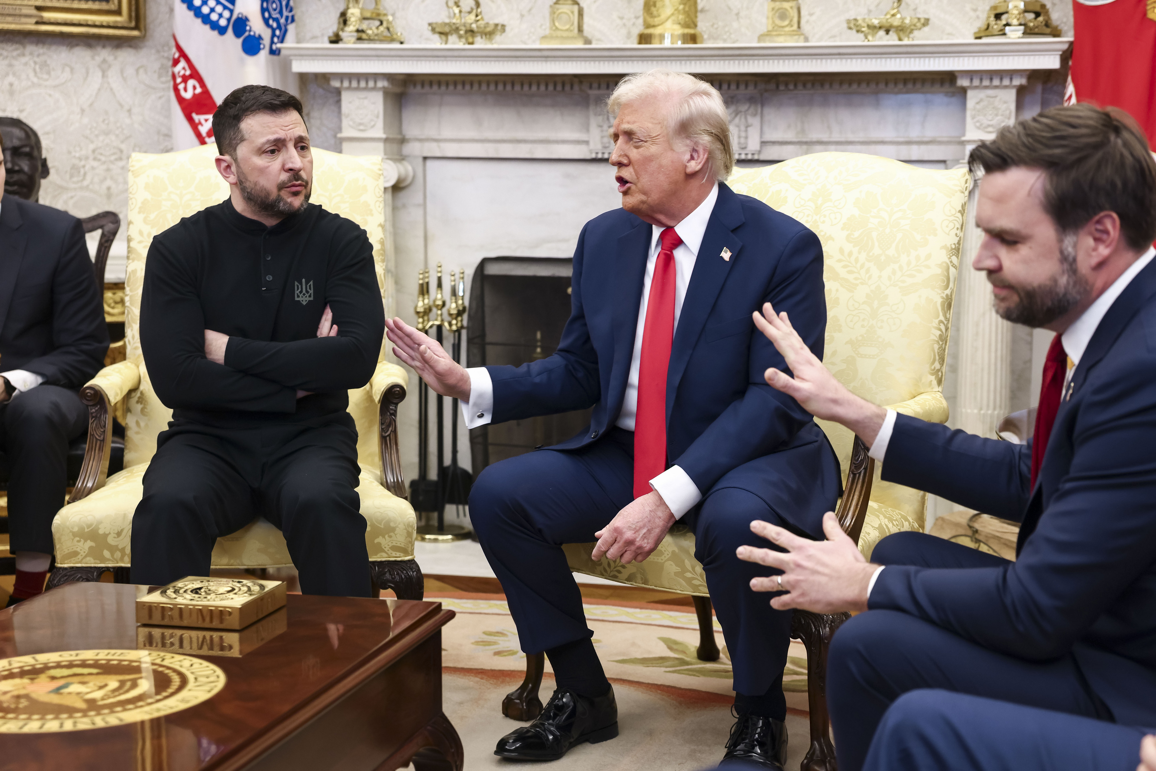 Mandatory Credit: Photo by Jim Lo Scalzo/UPI/REX/Shutterstock (15173273ad) Vice President JD Vance (R) speaks during a meeting between US President Donald Trump and Ukrainian President Volodymyr Zelensky in the Oval Office at the White House in Washington DC on Friday, February 28, 2025. Trump and Zelensky are expected to discuss options for U.S. support for Ukraine's security and establishing a joint economic fund. President Trump Meets Ukraine President Zelensky in Washington, District of Columbia, United States - 28 Feb 2025