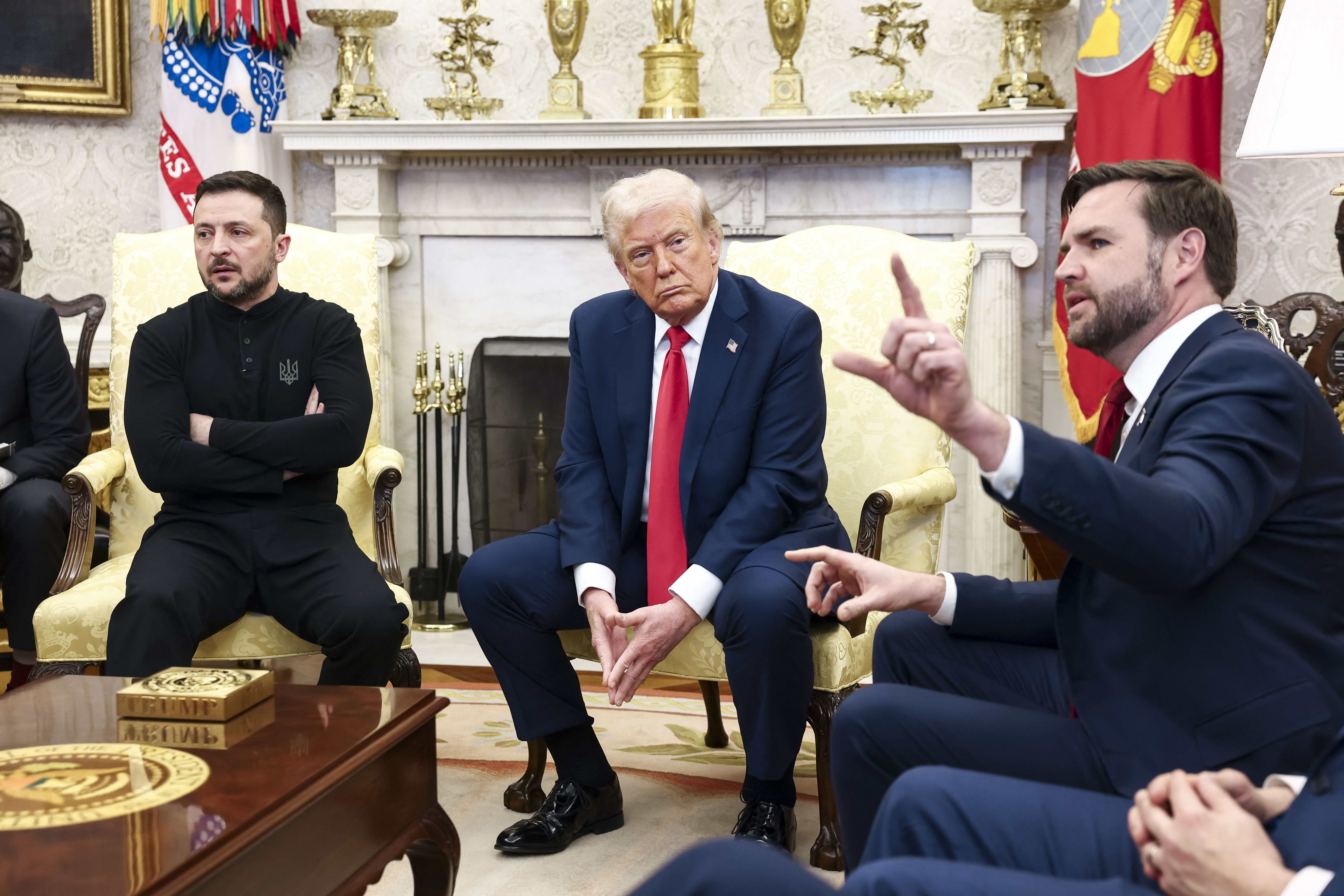 Mandatory Credit: Photo by Pool/ABACA/REX/Shutterstock (15173285s) US Vice President JD Vance (R) speaks during a meeting between US President Donald Trump (C) and Ukrainian President Volodymyr Zelensky (L) in the Oval Office of the White House in Washington, DC, USA, 28 February 2025. Zelensky is in Washington to sign the framework of a deal, pushed by President Trump, to share Ukraines's mineral wealth with the US. US President Donald Trump welcomes Ukrainian President Volodymyr Zelensky to the White House, WASHINGTON, United States - 28 Feb 2025