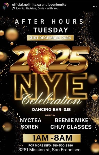 A black and gold poster for a New Year's Eve celebration on December 31, 2024, in an underground San Francisco venue, featuring multiple DJs from 1 AM to 8 AM.