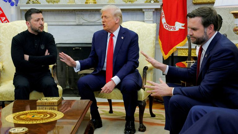 U.S. President Donald Trump meets with Ukrainian President Volodymyr Zelenskyy as U.S. Vice President JD Vance reacts at the White House in Washington, D.C., U.S., February 28, 2025. REUTERS/Brian Snyder