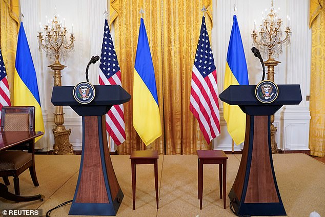 The set up for a press conference with Ukrainian President Volodymyr Zelensky and U.S. President Donald Trump which was canceled following their Oval Office meeting